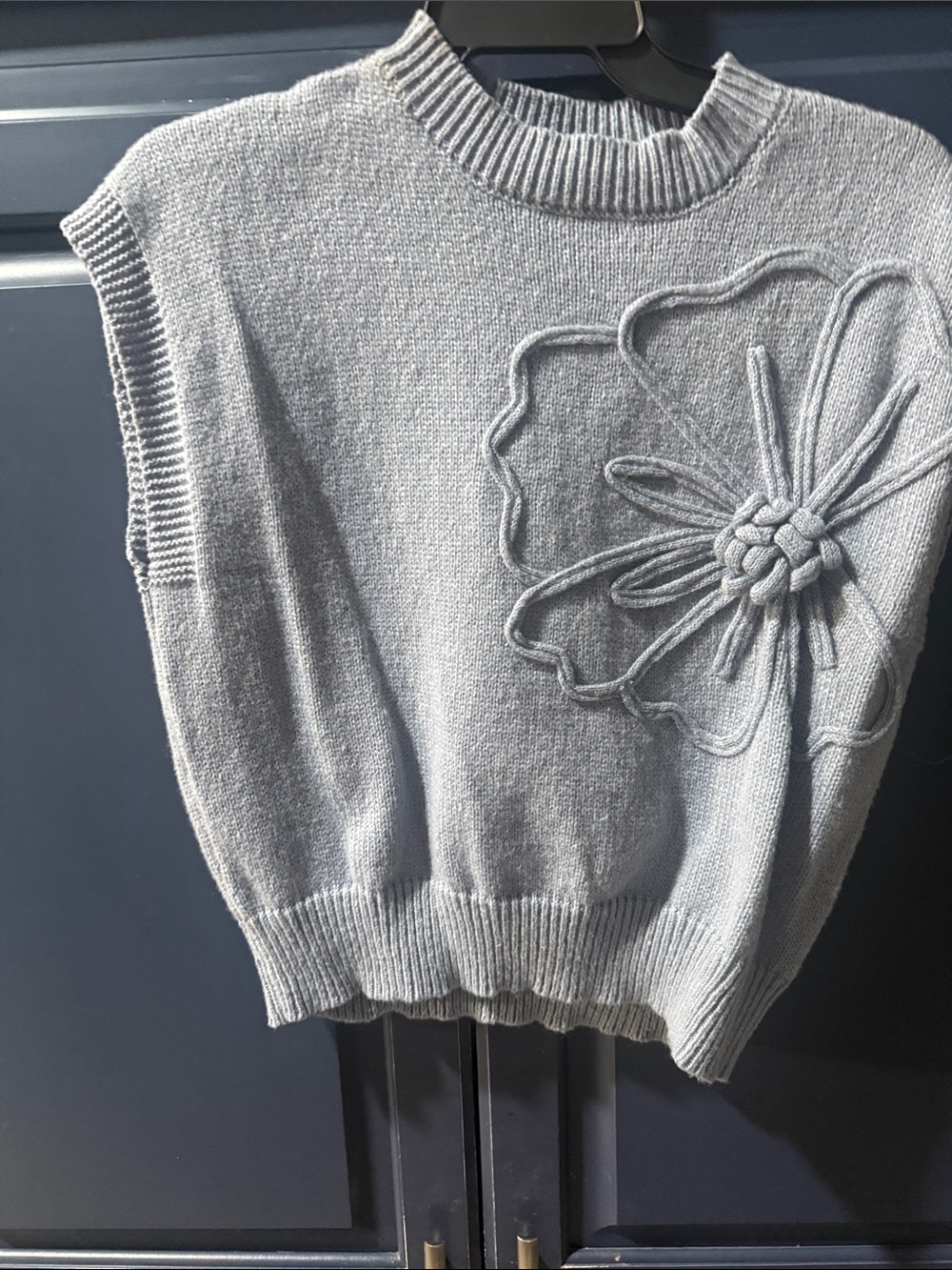 Light Gray Blue Floral Knit Sleeveless Sweater Vest